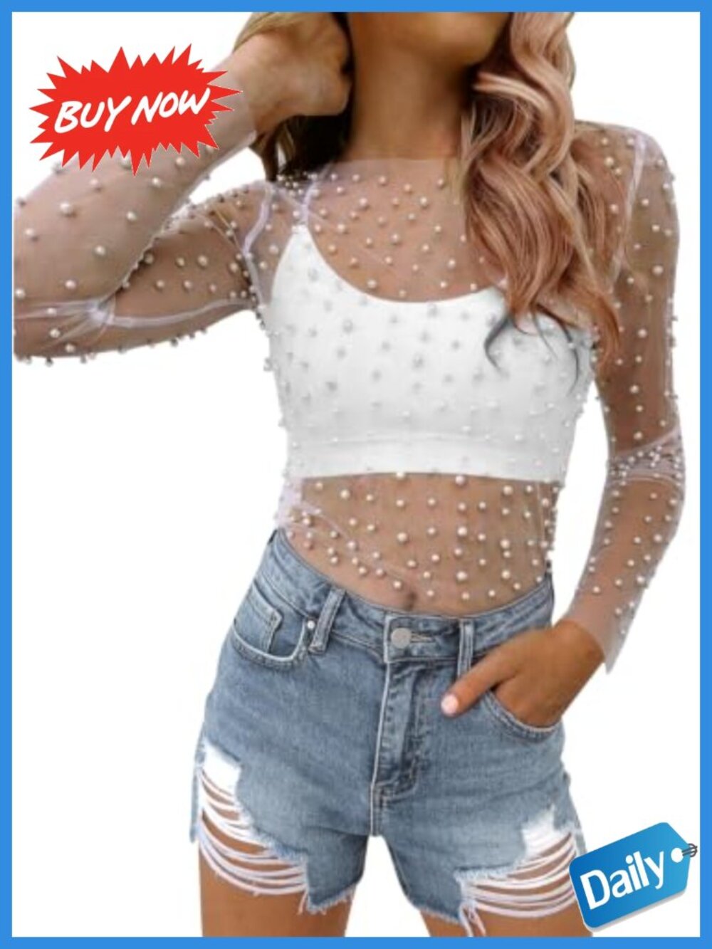 Pearl Rhinestone Sheer Mesh Crop Top Long Sleeve Women's Party Tee